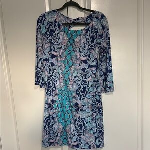 Lilly Pulitzer Blue and White Sheath Dress with 3/4 Sleeves